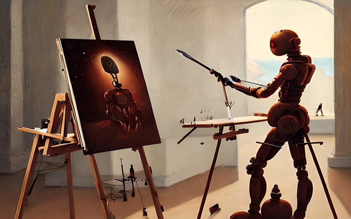 AI art - a robot stands in front of an easel and paints himself